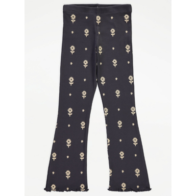 George Charcoal Floral Ribbed Flared Trousers - Charcoal Grey