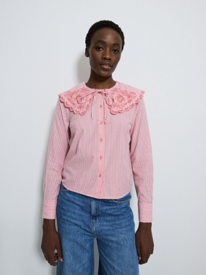 Pink Striped Oversized Broderie Collar Shirt | Women | George at ASDA