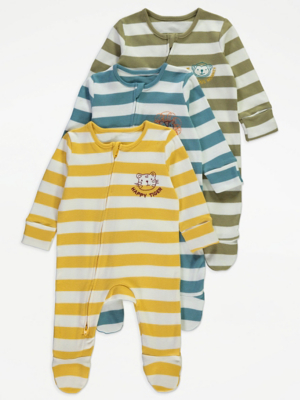 Striped Animal Zip Fasten Sleepsuits 3 Pack | Baby | George at ASDA