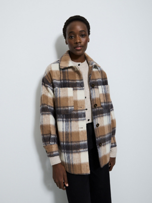 Longline Shacket Only Checked Long Shacket Neutral Checked Brushed