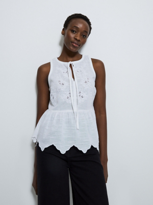 White Embroidered Tie Front Peplum Sleeveless Blouse Women