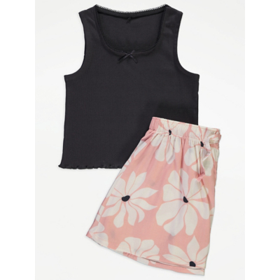 George Ribbed Vest and Pink Floral Short Pyjamas - Tan