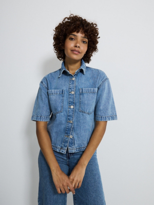 Mid Wash Short Sleeve Boxy Denim Shirt Women George at ASDA