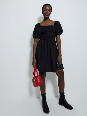 Black Shirred Top Puff Sleeve Poplin Mini Dress | Women | George