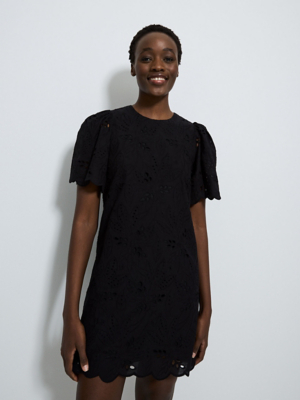 Black Broderie Short Sleeve Mini Dress | Women
