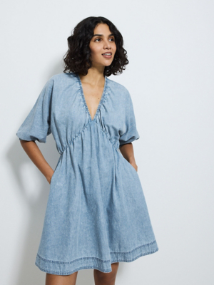 asda denim dress Blue V Front Gathered Mini Smock | Women Color:TAN/CREAM CANOPDJUL26 Lorena Coverup Dress -