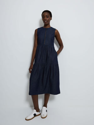 Navy Sleeveless Zip Front Tiered Denim Midi Dress | Women