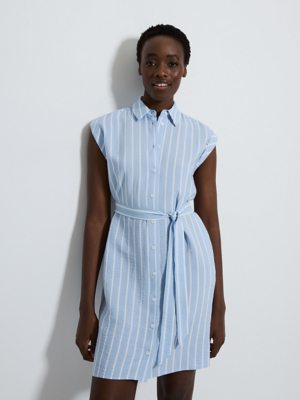 Blue Striped Tie Waist Sleeveless Mini Shirt Dress Women