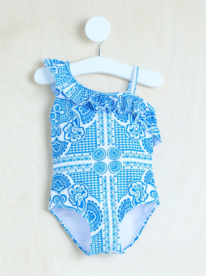Billie Faiers Blue Tile Frill Swimsuit Kids George at ASDA