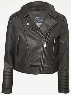 Black Washed Faux Leather Biker Jacket Kids George at ASDA