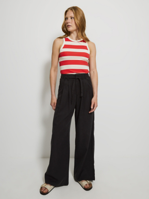 Black Washed Twill Tie Waist Wide Leg Trousers