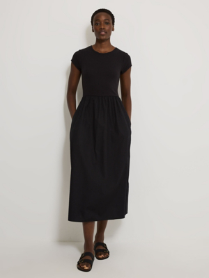 Black Jersey Top Short Sleeve Poplin Midi Dress Women George