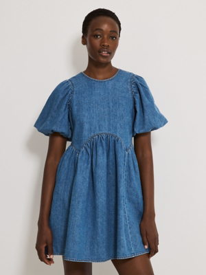 Mid Wash Tie Back Puff Sleeve Denim Smock Mini Dress | Women | George at  ASDA