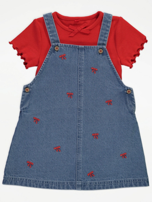 red denim pinafore dress Red Denim White Shirt Pinafore Dress Set  ownthelooks-Development
