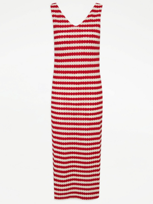 Red Striped Crochet V Neck Sleeveless Midi Dress
