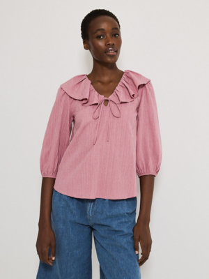 Pink Frill Collar Tie Neck Textured Long Sleeve Blouse | Women