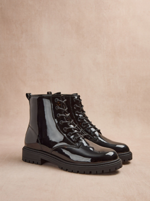 Biker Boots Black Patent Lace Up Chunky Ankle Boots Womens Goth