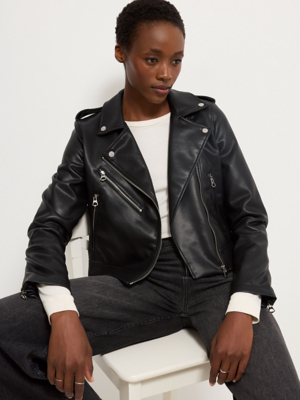 Black Faux Leather Short Boxy Long Sleeve Jacket | Women | George