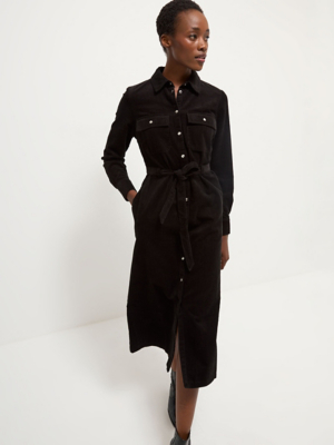 Black Corduroy Long Sleeve Belted Midi Shirt Dress | Women | George at ASDA