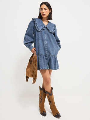 denim frill dress Dark Wash Warehouse Petite Denim Frill Yoke Relaxed Mini Shirt Dress
