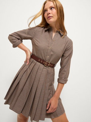 Brown Check Belted Pleated Mini Shirt Dress | Women | George at ASDA