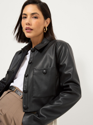 Black Faux Leather Short Boxy Long Sleeve Jacket | Women | George