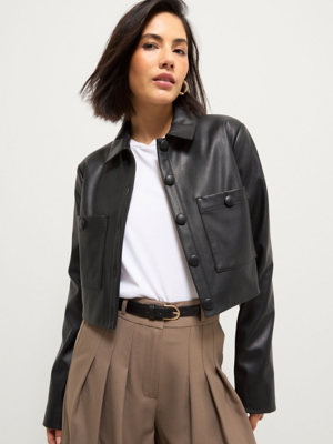 Black Faux Leather Short Boxy Long Sleeve Jacket | Women | George