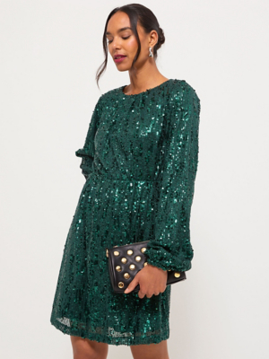 asda sequin dress Green Sequin Long Sleeve Belted Mini Dress | Women