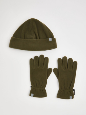 Khaki Fleece Hat and Gloves Set Men George at ASDA