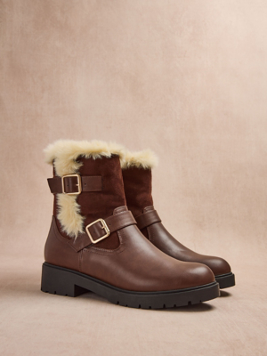 Faux Fur Double Buckle Ankle Boots Ladies Ella Ankle Boots Faux