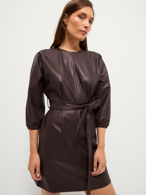 Burgundy Faux Leather Belted Crew Neck Mini Dress | Women | George at ASDA