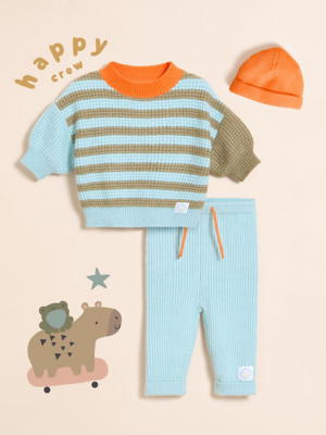 Little Angels Knitted Stripe Jumper Leggings and Hat Outfit Baby