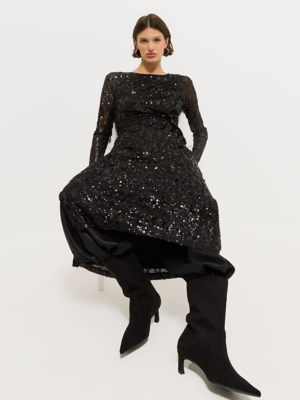 Black Sequin Embellished Long Sleeve Maxi Dress | Women
