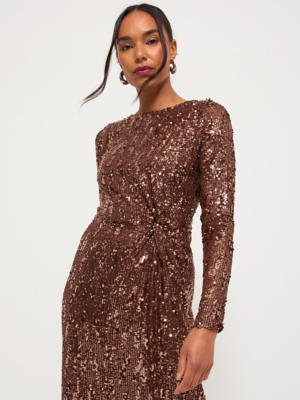 brown sequin dress with sleeves Sequin Leaf Long Sleeve Maxi Dress - Bronze