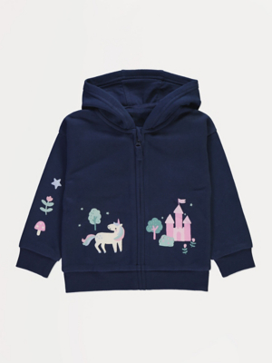 Navy Unicorn Castle Zip Through Hoodie Kids George at ASDA