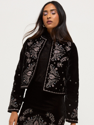 Black Soft Velvet Floral Beaded High Neck Jacket | Women | George