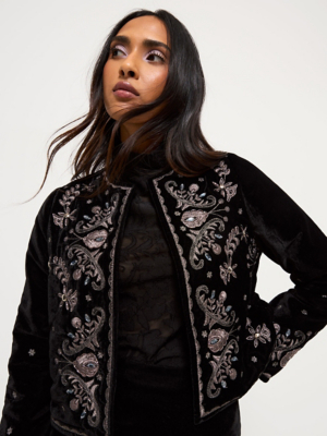 Black Soft Velvet Floral Beaded High Neck Jacket | Women | George