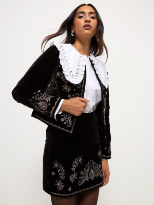 Black Velvet Floral Bead Embellished Mini Skirt | Women | George