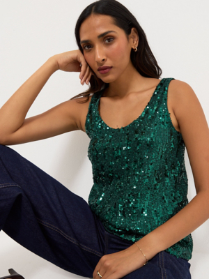 MANER Women's Sequin Sparkle Tank Top – Glitter Strappy Cami For Parties, Dark Green, XX-Large - View #4