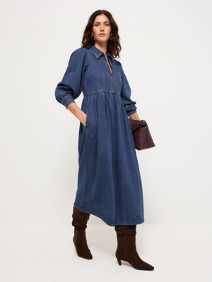 george asda denim dress Denim Long Sleeve Zip Front Midi Dress | Women