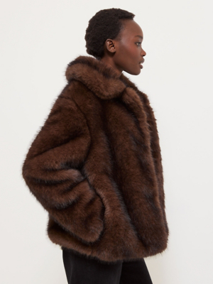 Brown Faux Fur Long Sleeve Collared Neck Short Coat | Women