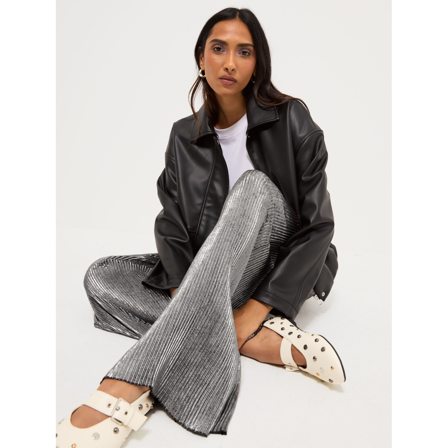 George Women's Silver Plissé Wide Leg Trousers