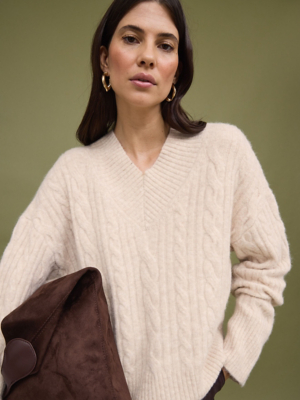 Studio Edit Ivory Cable Knitted V Neck Jumper | Women | George at ASDA