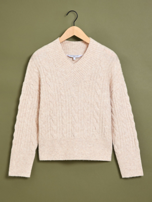 Studio Edit Ivory Cable Knitted V Neck Jumper | Women | George at ASDA