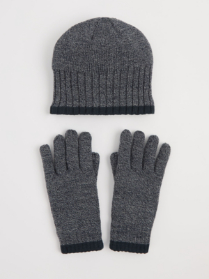 Navy Fleece Lined Knitted Hat and Gloves Set