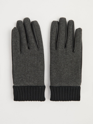 Grey Felt and Leather Look Gloves