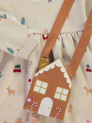 asda christmas dresses Christmas Neutral Dress and Gingerbread Bag Outfit | Kids