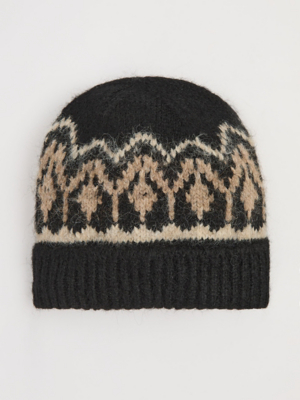 Black Fairisle Soft Knitted Beanie Style Hat Women George at ASDA