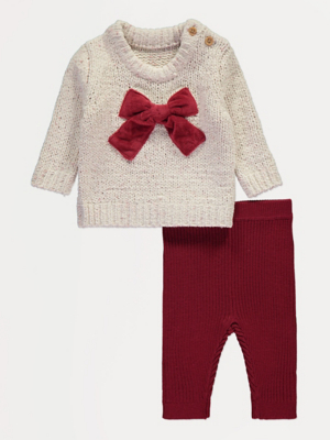 Cream Knitted Bow Jumper and Red Ribbed Leggings Baby George