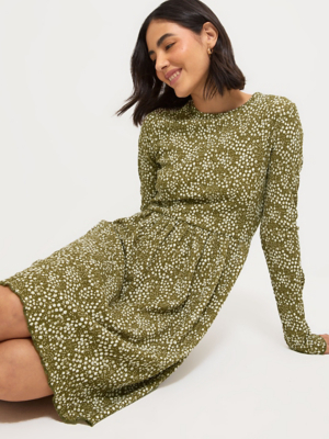 khaki floral gathered waist long sleeve mini dress reviews Khaki Floral Round Neck Blouson Sleeve Mini Dress